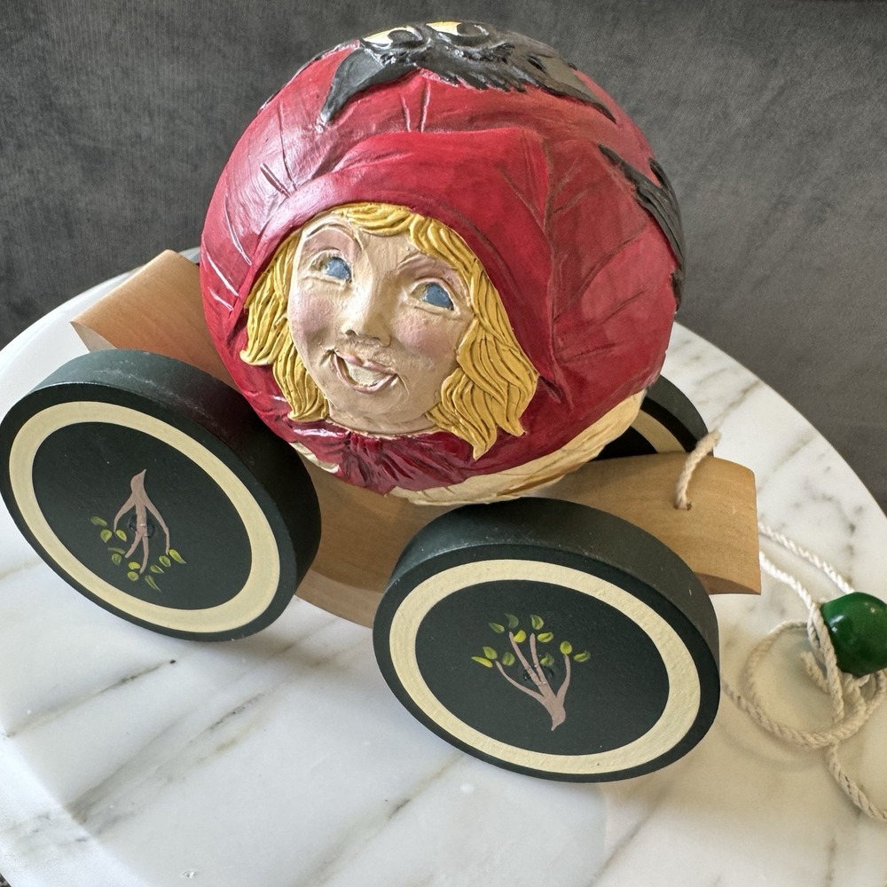 BRIERE Folk Art Pull Toy 1992 Little Red Riding Hood & Wolf Ball & Cart